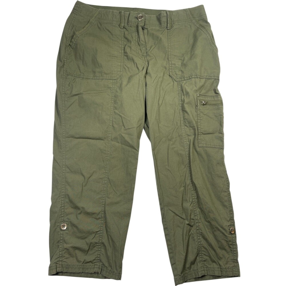 Chico's Cargo Pants Women's 8P Olive Green Cotton Stretch Pockets Mid-Rise